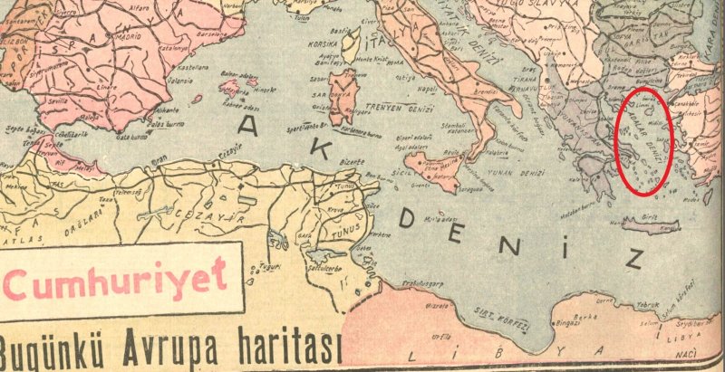 Ege 1941'e kadar ADALAR DENİZİ idi. 1941 şubatında yayınladığı Avrupa haritasında Osmanlı'yı hatırlatan Adalar Denizi tanımını kullanan Cumhuriyet gazetesi acaba bundan ne zaman çark etti?  16 Şubat 1941 Cumhuriyet