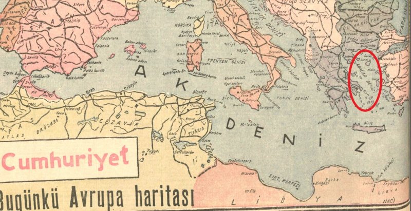 Ege 1941'e kadar ADALAR DENİZİ idi. 1941 şubatında yayınladığı Avrupa haritasında Osmanlı'yı hatırlatan Adalar Denizi tanımını kullanan Cumhuriyet gazetesi acaba bundan ne zaman çark etti? 16 Şubat 1941 Cumhuriyet